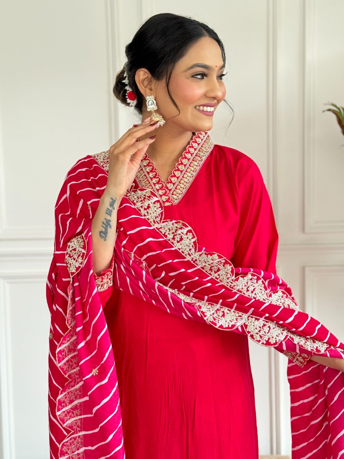 Chanderi FAbric With Attractive Embroidery in pink red color