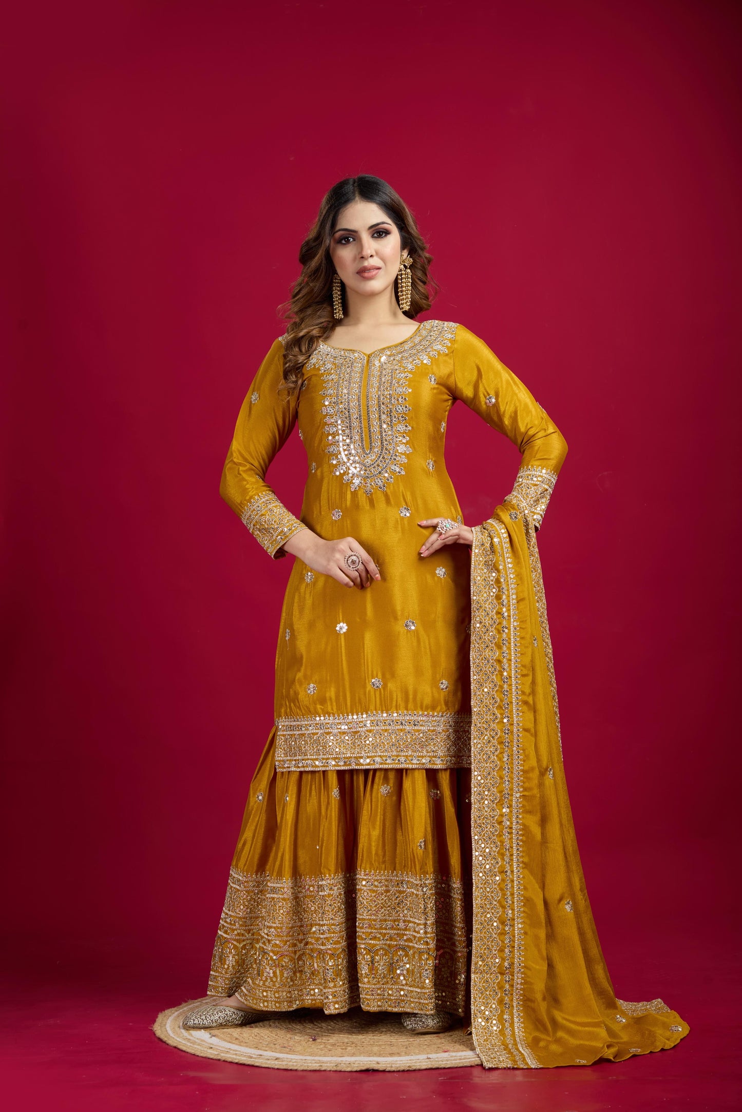 Yellow Color Chinon Silk Fabric Suit