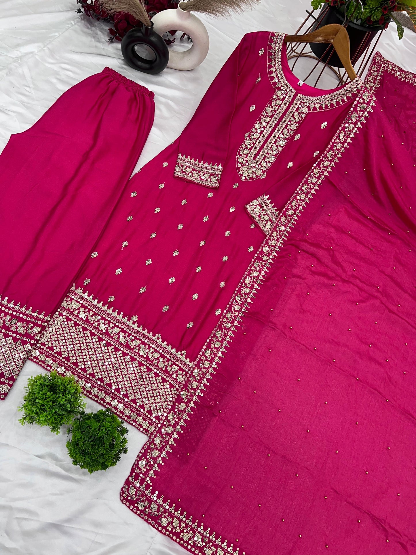 Chinnon And Heavy Embroidery Sequence Work Top-Bottom And Dupatta Set