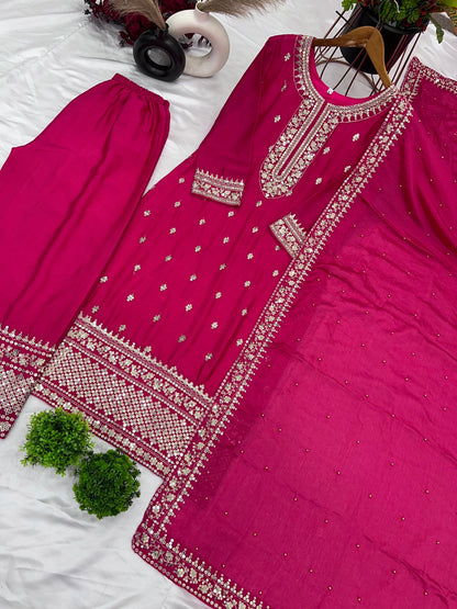 Chinnon And Heavy Embroidery Sequence Work Top-Bottom And Dupatta Set