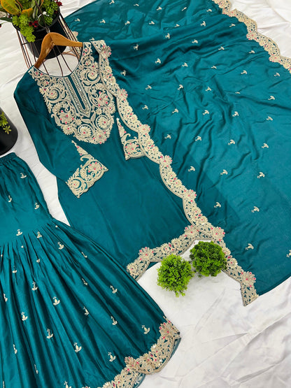 Rama Blue Color Beautiful Suit For Party In Chinon Fabric