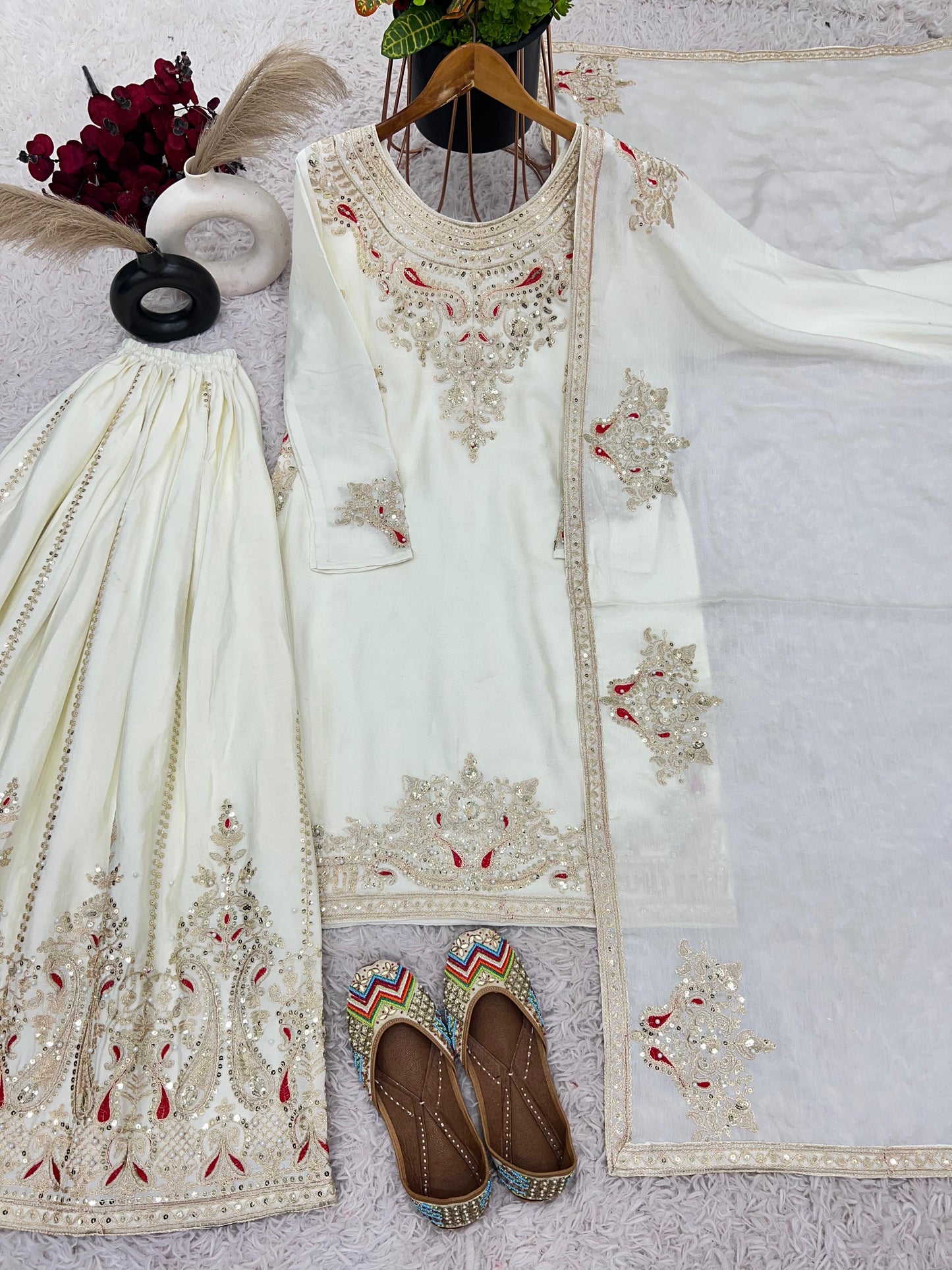 White Color Partywear Dress in Chinon Fabric Readymade Suit