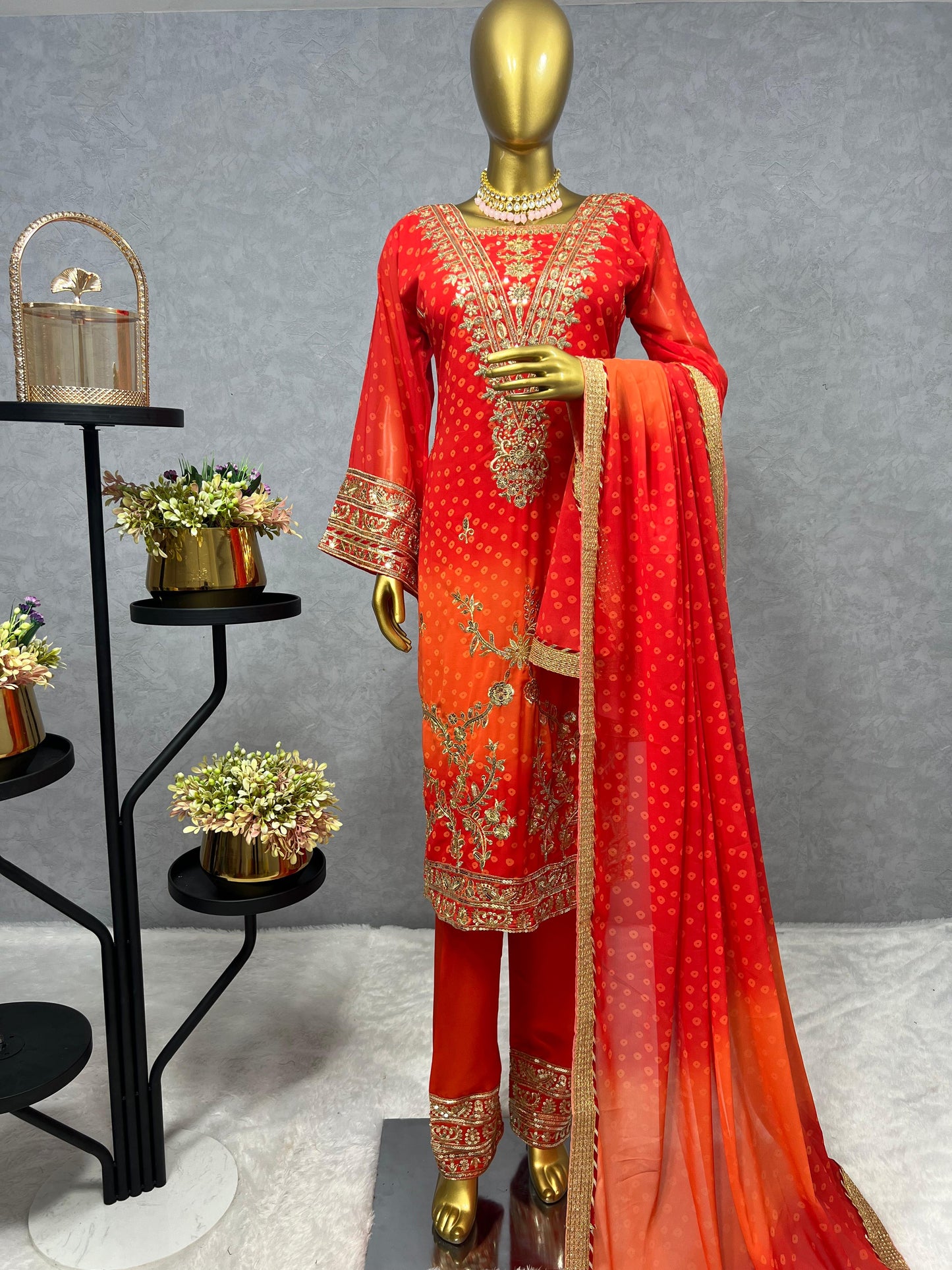 Beautiful Red Orange Color Georgette Fancy Suit