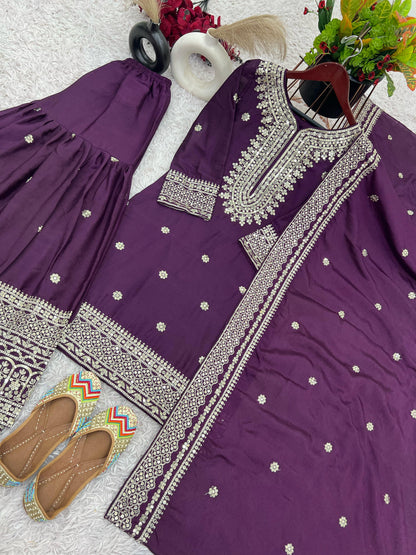 Purple Color Beautiful Chinon Silk Fabric Dress