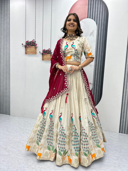 Wedding Wear Lehenga Choli With Cancan In White Cream Color and maroon dupatta