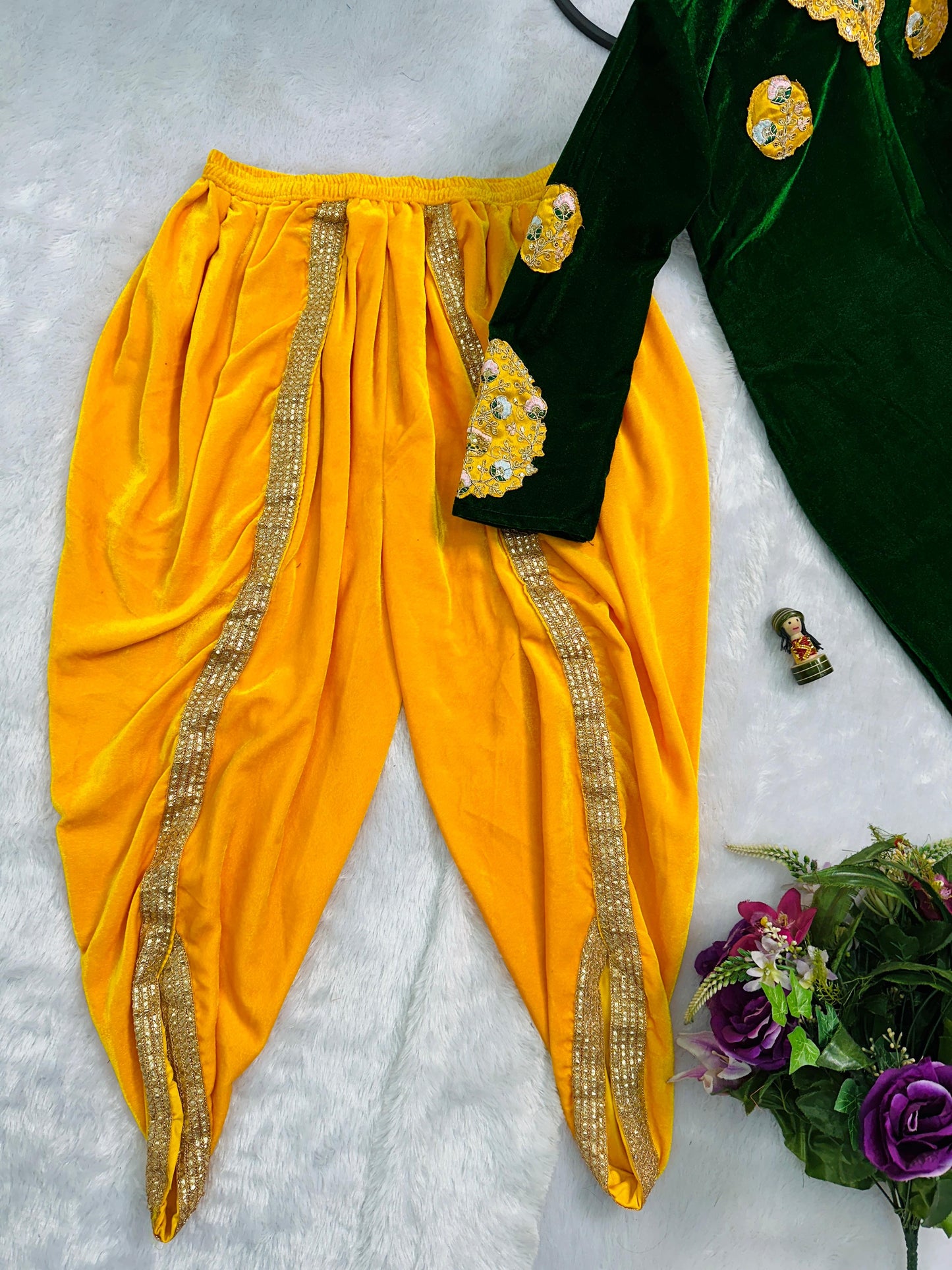 Green Yellow Color Beautiful Velvet Suit For Partywear function