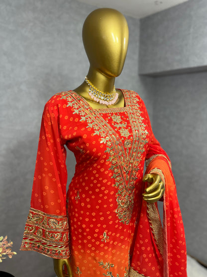 Beautiful Red Orange Color Georgette Fancy Suit