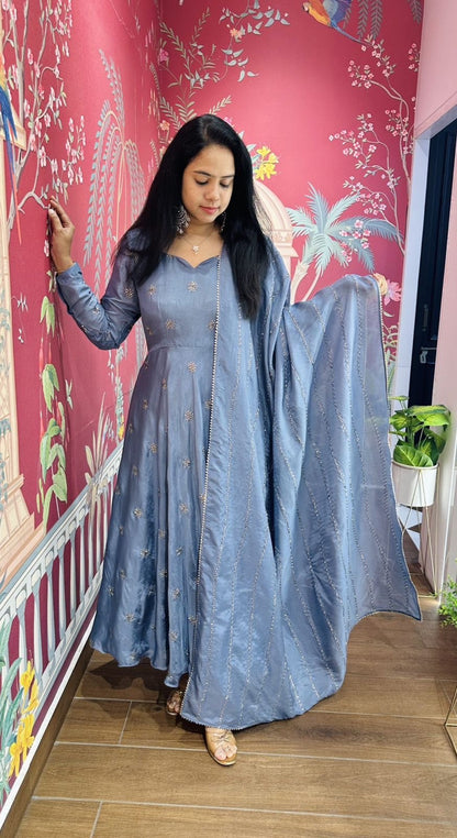 Beautiful Anarkali Gown in Chinon Fabric For Daily Wear Use in Grey Color