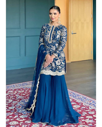 Blue Color Beautiful Sharara Suit For Wedding Function in Georgette Fabric