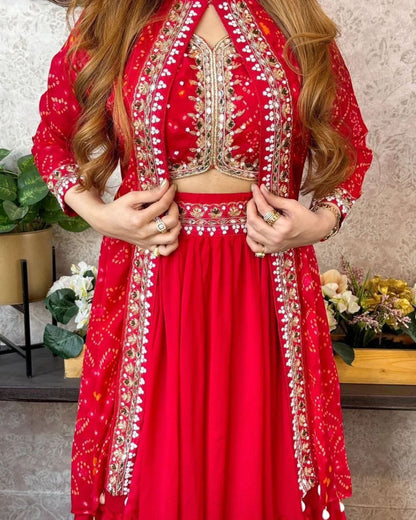 Trending Party Wear Shrug Lehenga In Red Color in Georgette Fabric