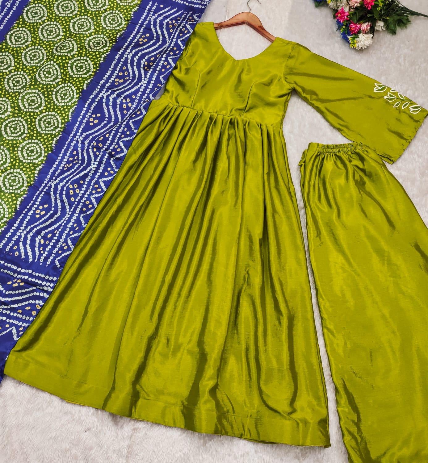 Neon Green Suit Set With Exquisite Embroidery On A Chinnon Kurta, Complemented By A Beautifully Printed Dupatta