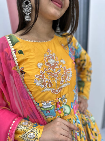 Beautiful Kalamkari Print Gown In Yellow Color