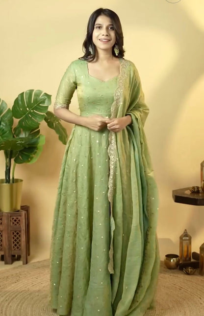 Green Color Beautiful Crush Silk Gown