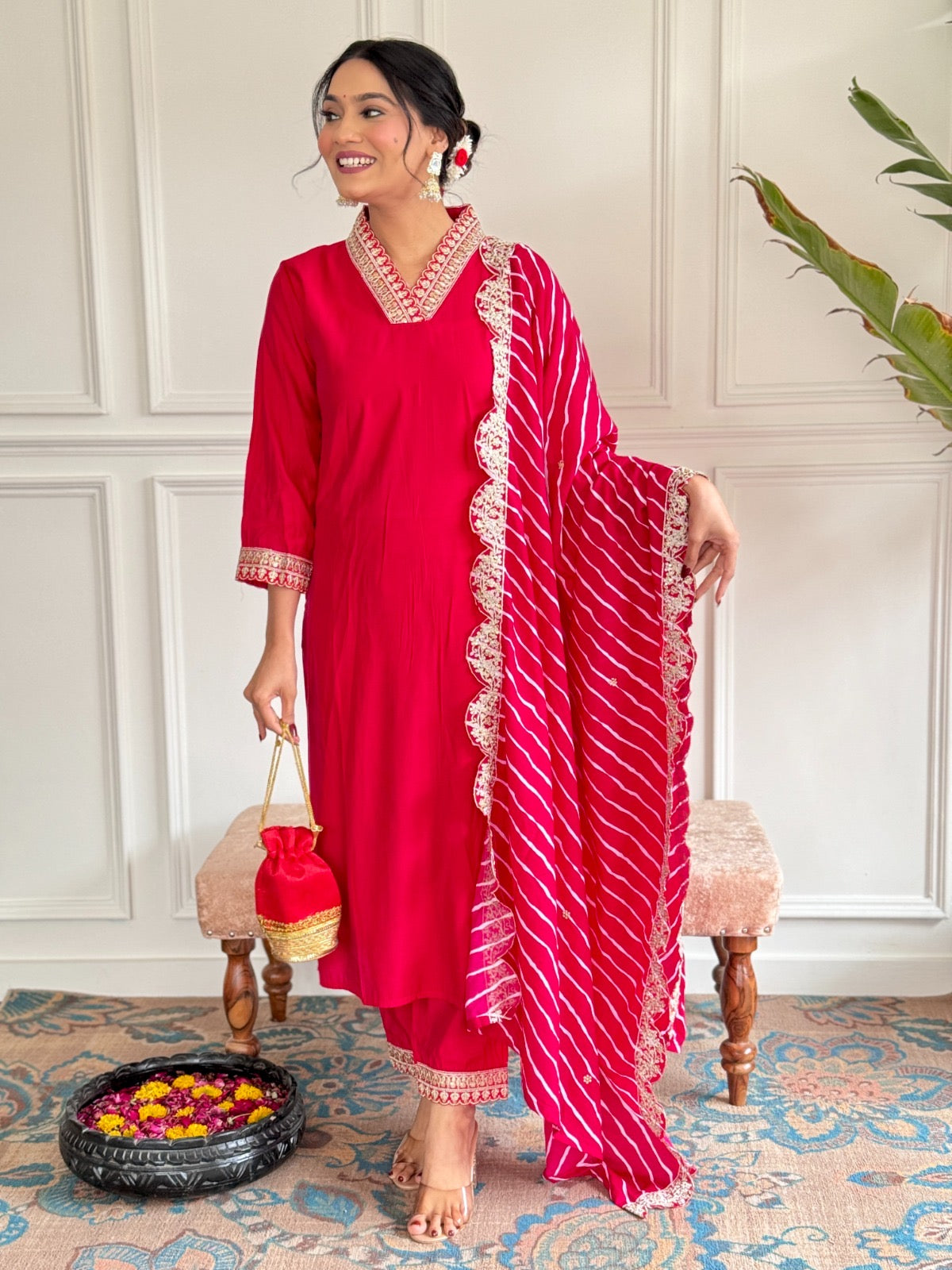 Chanderi FAbric With Attractive Embroidery in pink red color