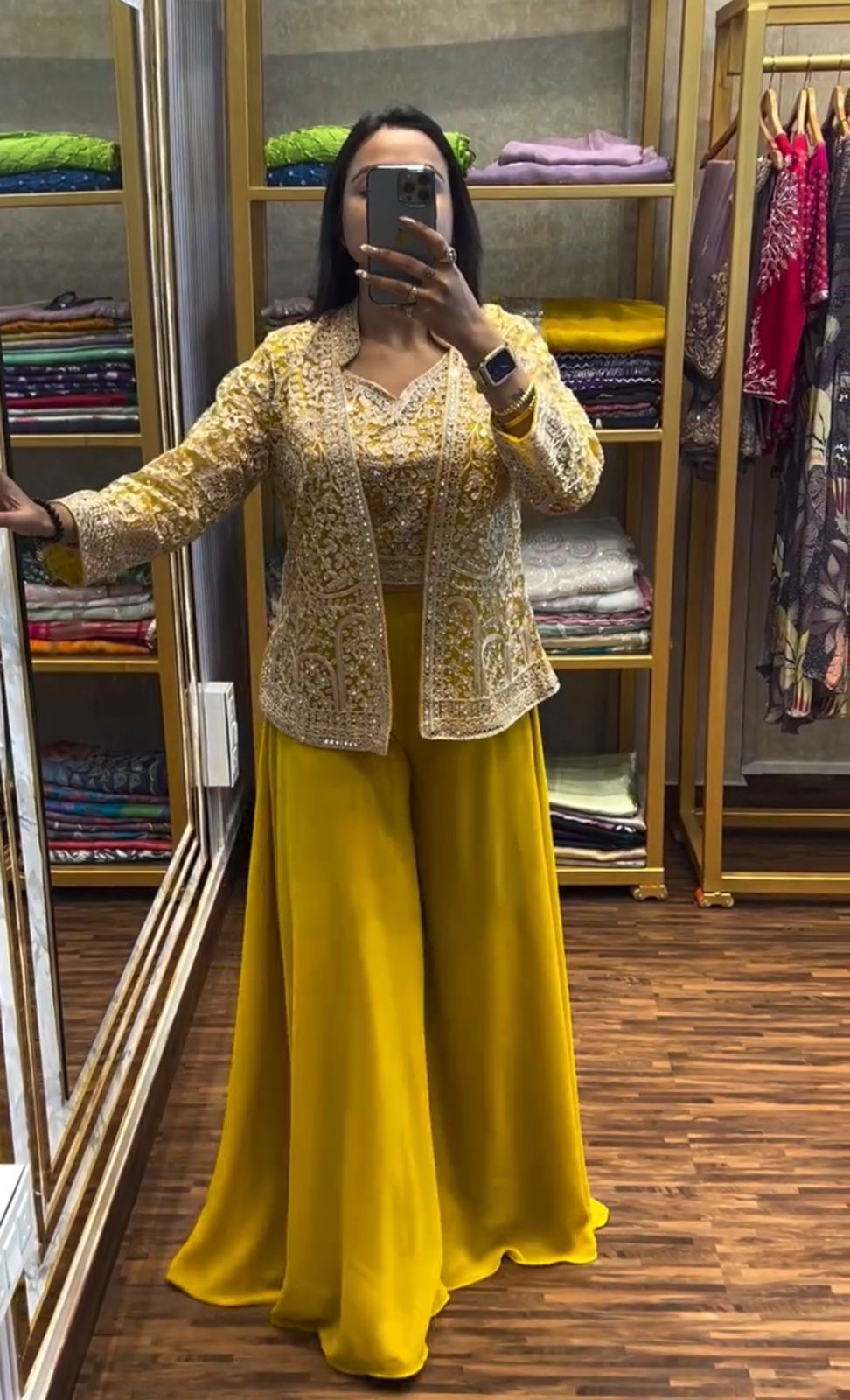 yellow Color Beautiful Plazo Blouse Koti Dress in Georgette Fabric