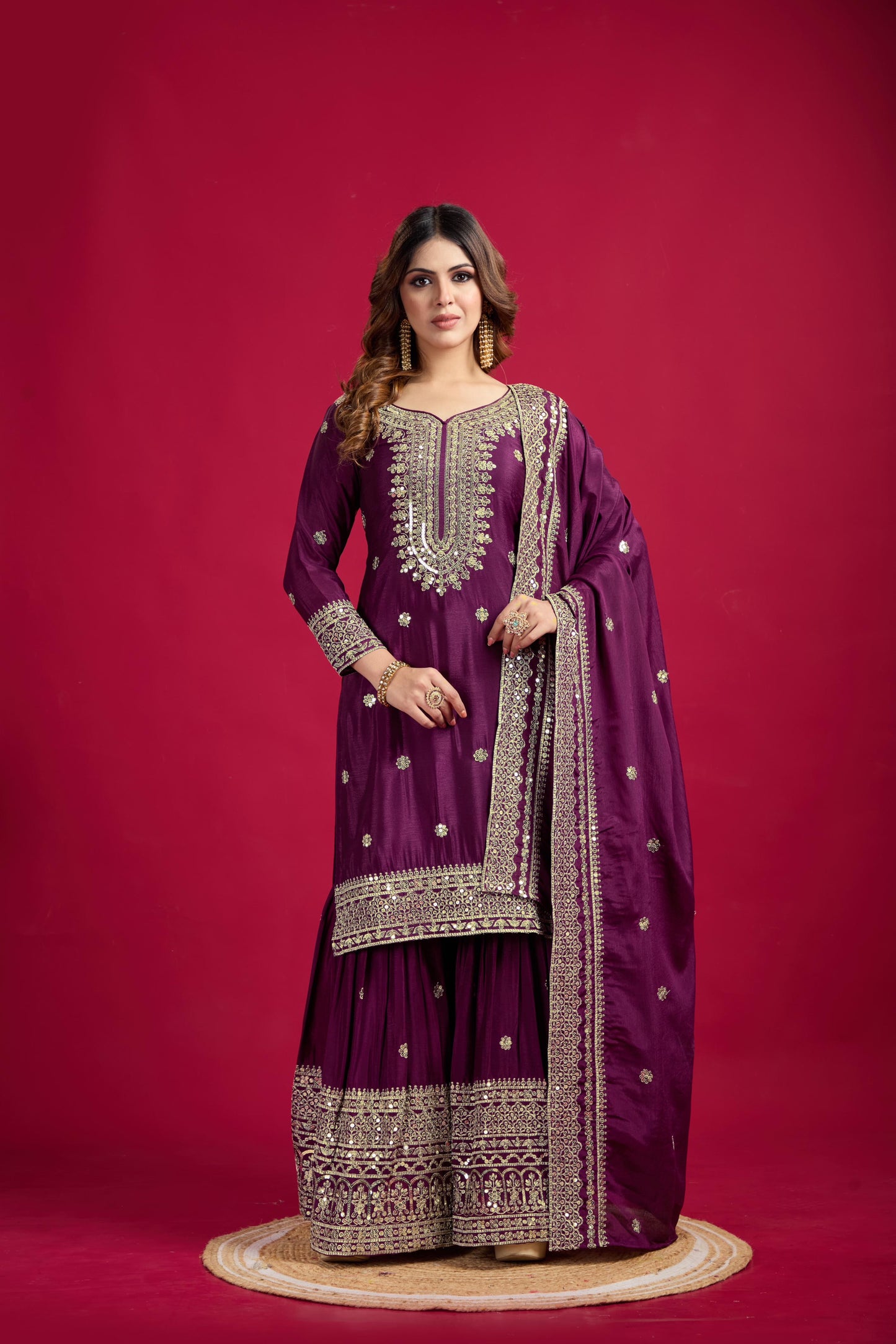 Purple Color Chinon Silk Fabric Suit