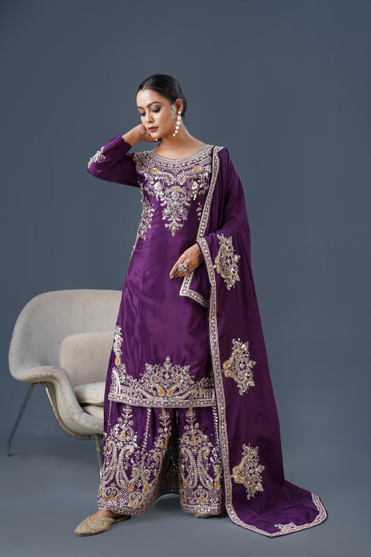 Purple Color Partywear Dress in Chinon Fabric Readymade Suit