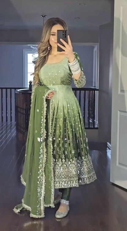 Beautiful Designer Green Color Partywear Dress in Chinon Fabric