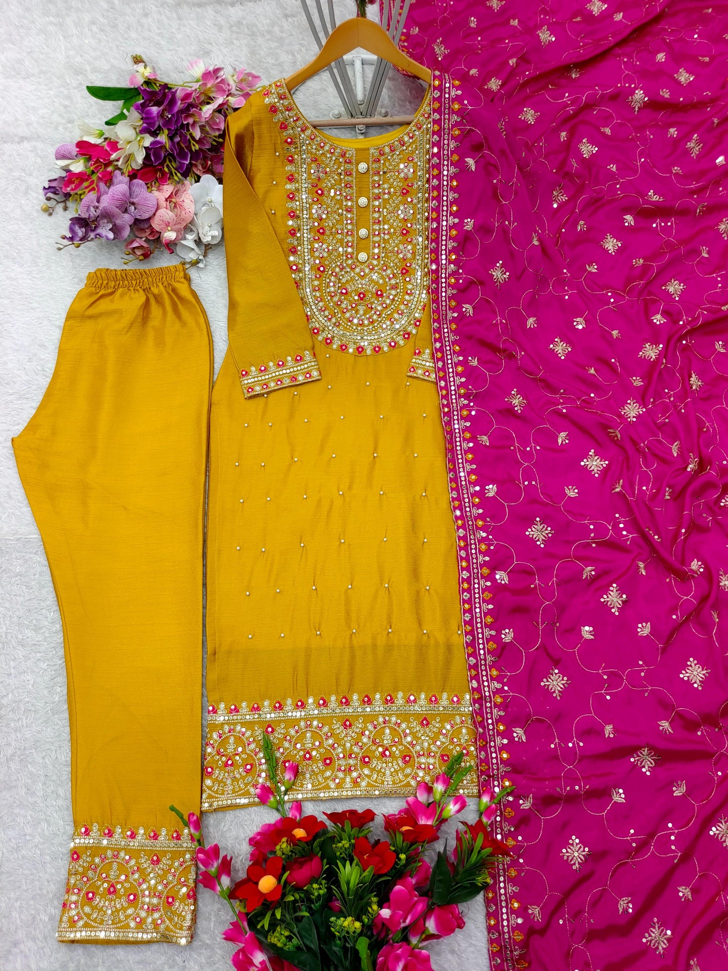 Fancy Suit For Haldi Function in Chinon Fabric