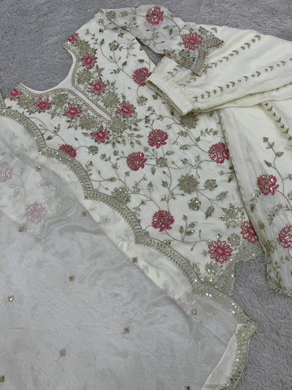 White Color Beautiful Plazo Suit In Chinon FAbric