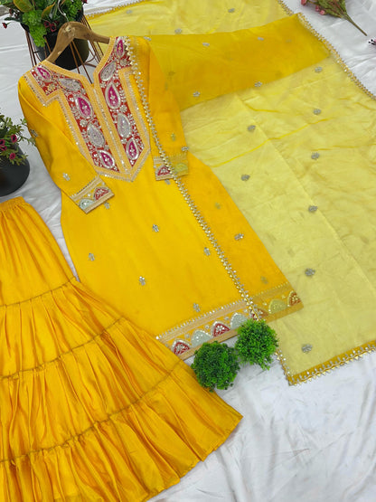 Embroidery Sequence Work Top-Gharara And Dupatta Set