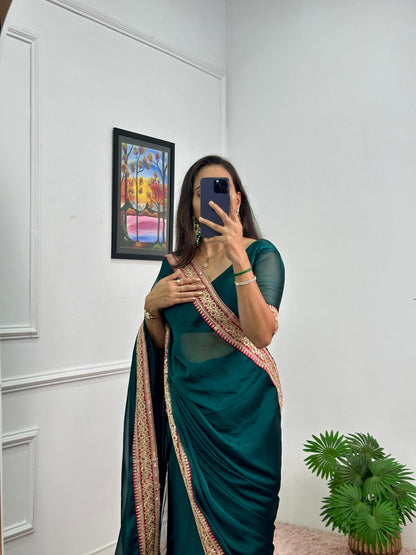 Ready To Wear Pocket Saree With Lace Border Work And Fully Stitched