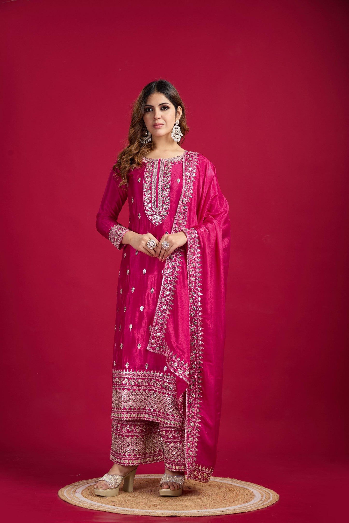 Chinnon And Heavy Embroidery Sequence Work Top-Bottom And Dupatta Set