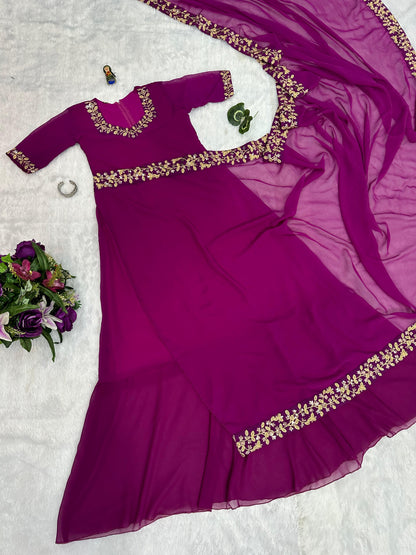 Trending Georgette Fabric With Embroidery Work Border Full Flair Stitched Saree-Gown in purple  color