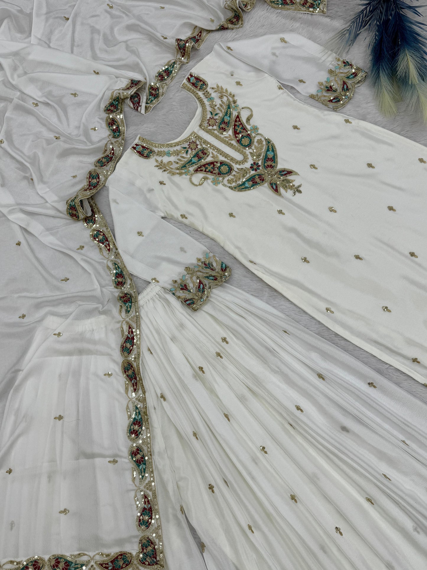 White Color Beautiful Chinon Silk Suit