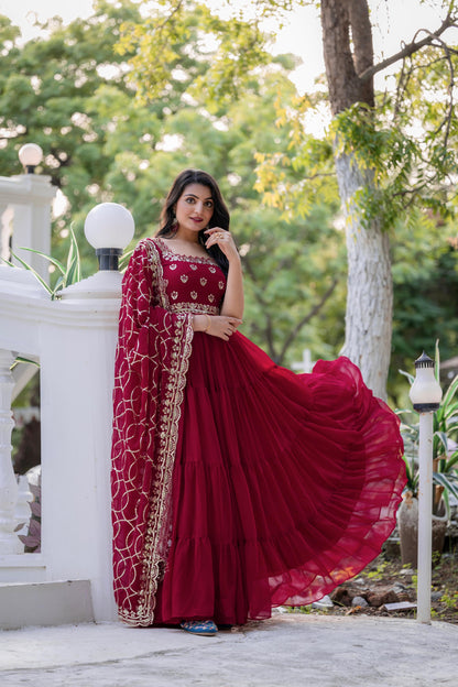 Maroon Red Color Beautiful Anarkali Dress In Georgette Fabric