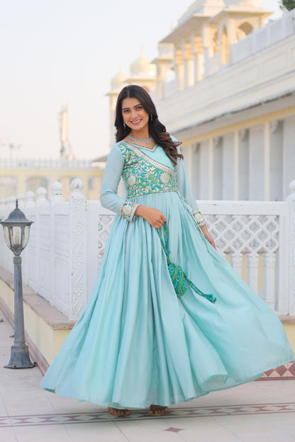 Sky Blue Color Chinon Fabric Anarkali Gown