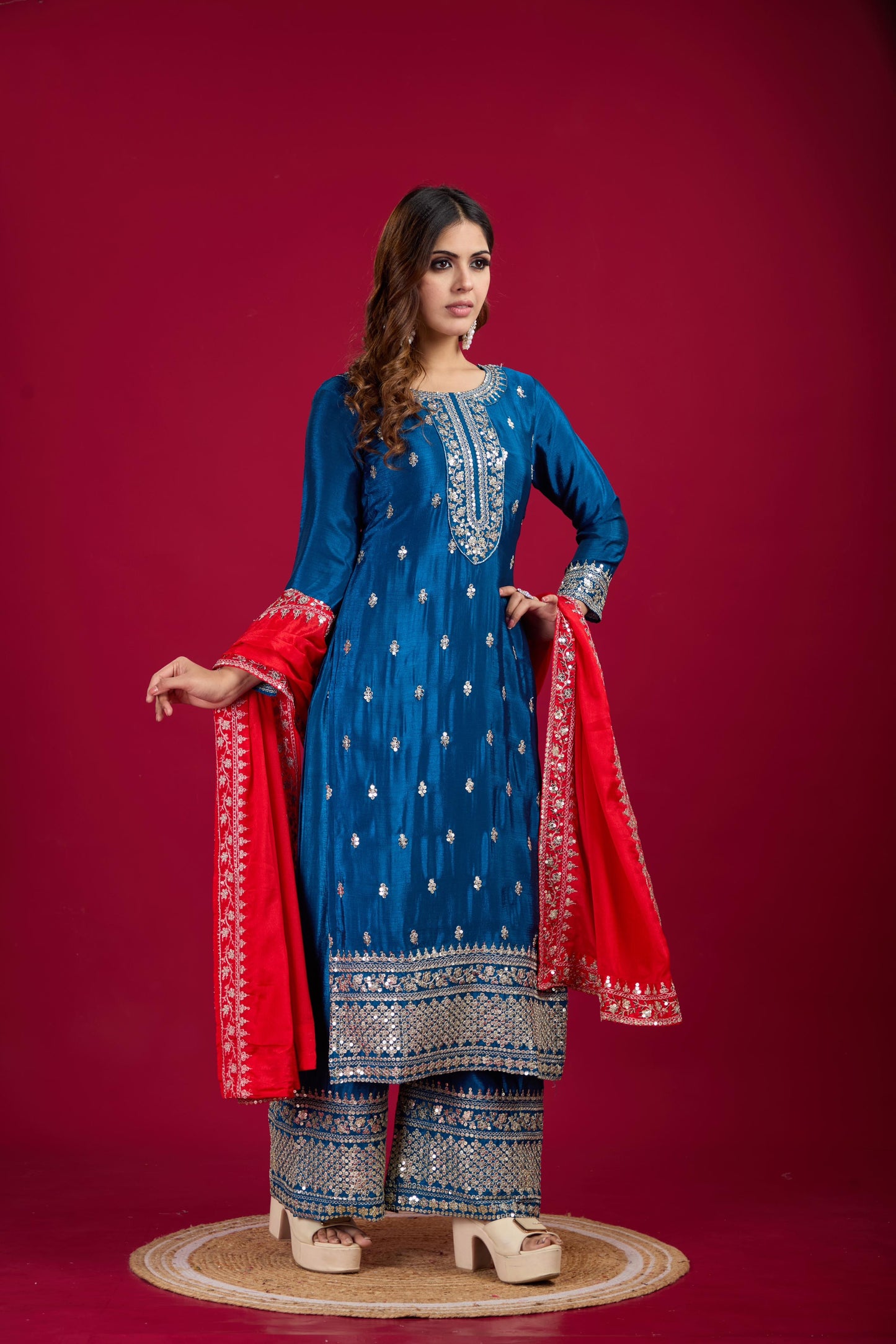 Light Blue Color Beautiful Partywear Suit In chinon Fabric