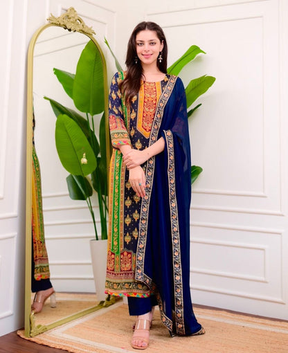 Blue Color Beautiful Maslin Silk Heavy Dress for daily wear use