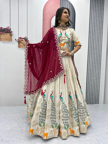 Wedding Wear Lehenga Choli With Cancan In White Cream Color and maroon dupatta