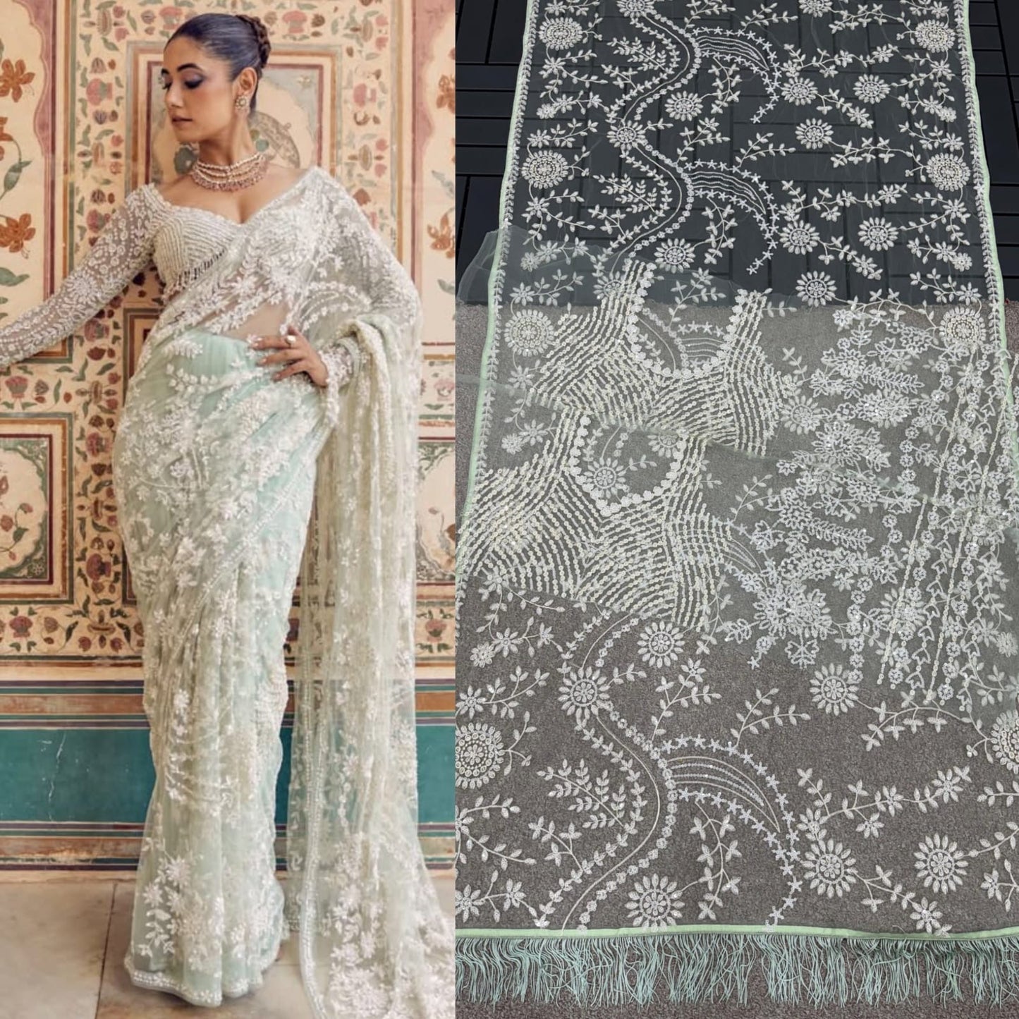 Bollywood Blockbuster Designer Saree in Net Fabric in Light green Color shade