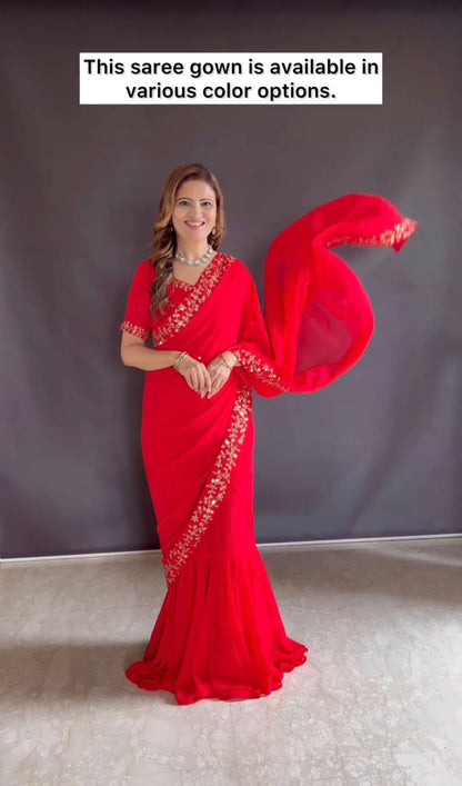 Trending Georgette Fabric With Embroidery Work Border Full Flair Stitched Saree-Gown in red color