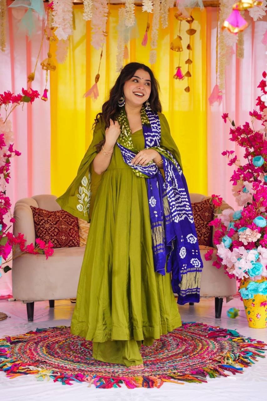 Neon Green Suit Set With Exquisite Embroidery On A Chinnon Kurta, Complemented By A Beautifully Printed Dupatta