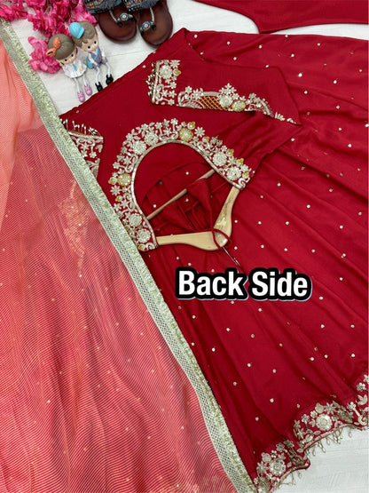 Anarkali Gown in red color in chinon fabric