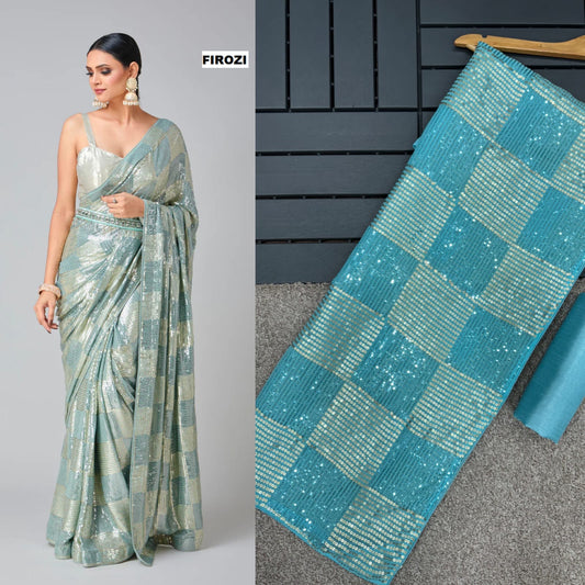 Sky Blue Color Beautiful Partywear Saree In Georgette Fabric Buy It now