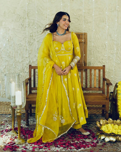 Beautiful Yellow Color Anarakli Gown Chinon Fabric