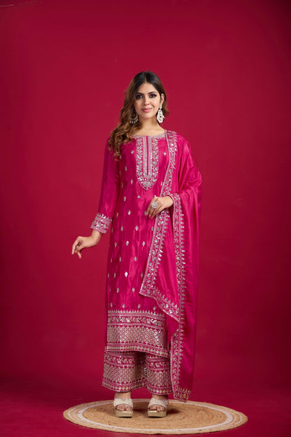 Chinnon And Heavy Embroidery Sequence Work Top-Bottom And Dupatta Set