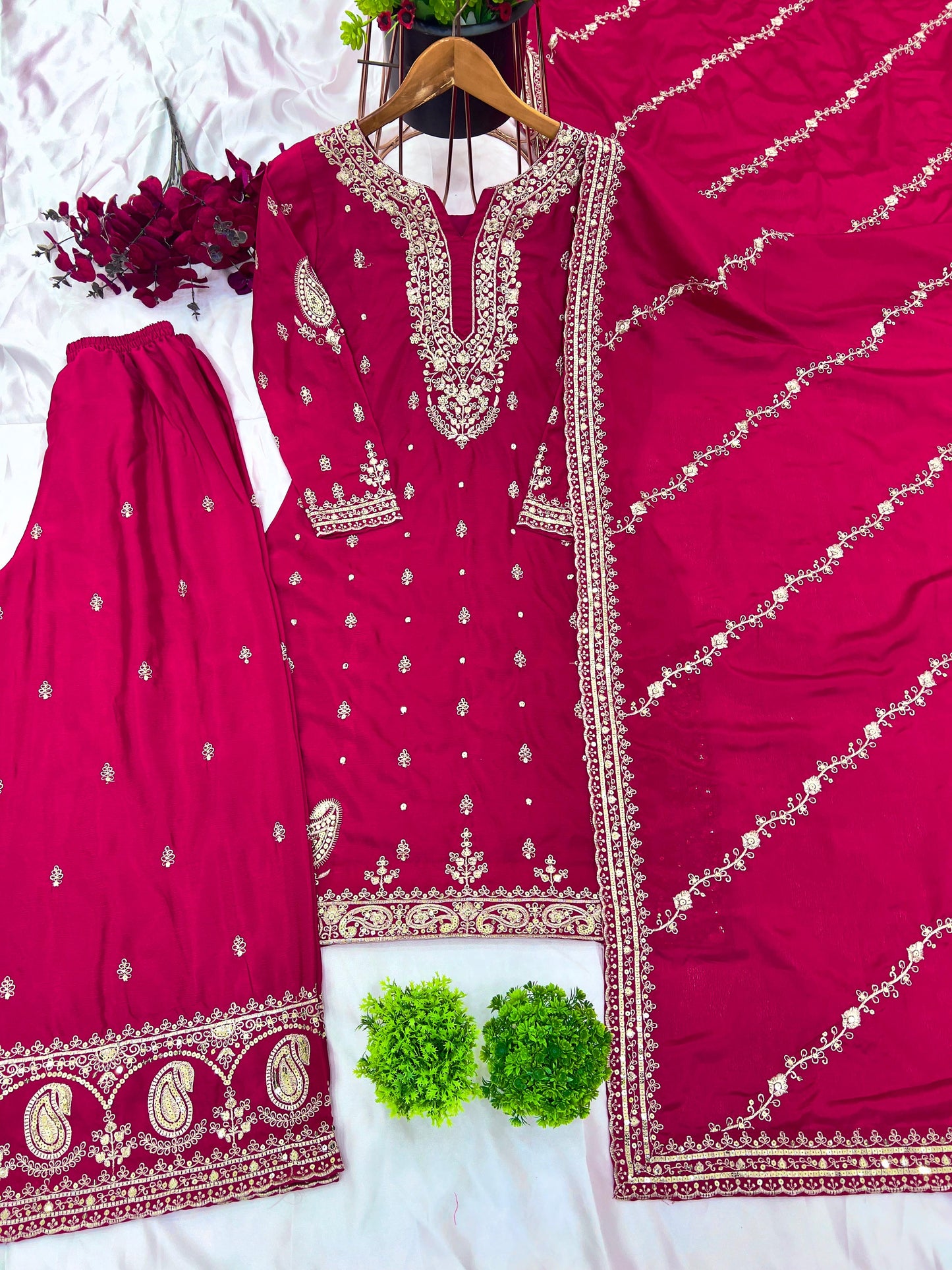 Pink Red Color Beautiful Plazo Suit In Chinon Fabric