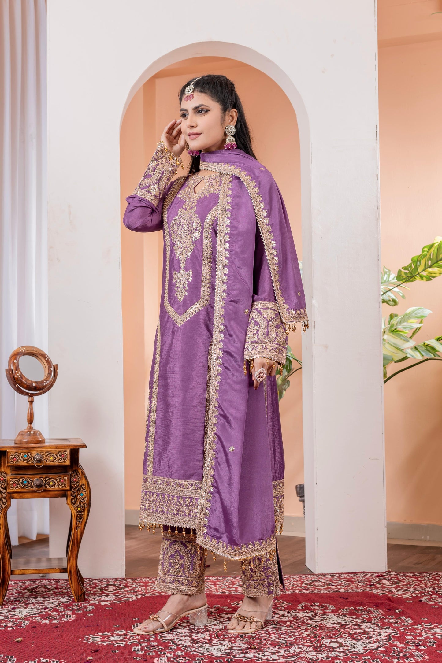 Purple Color Beautiful Partywear Chinon fabric Suit