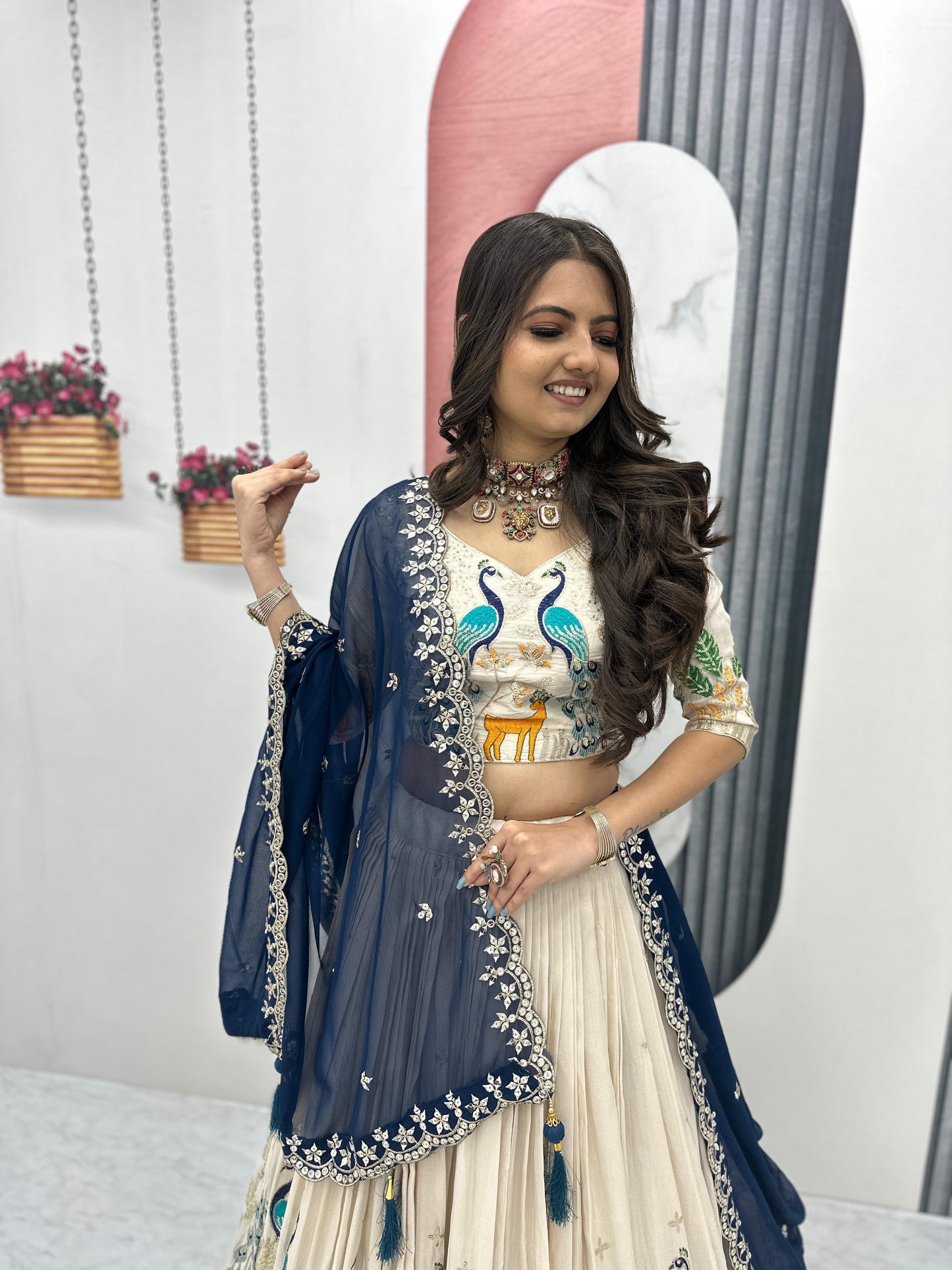 Wedding Wear Lehenga Choli With Cancan In White Cream Color with blue dupatta