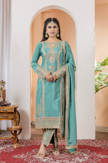 Sky Blue Color Beautiful Partywear Chinon fabric Suit