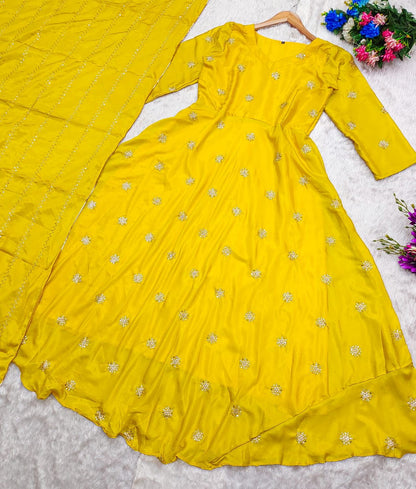 Beautiful Anarkali Gown in Chinon Fabric For Daily Wear Use in Yellow Color