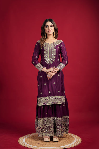 Purple Color Chinon Silk Fabric Suit