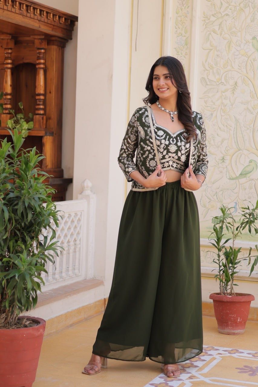 Georgette Fabric Plazo Koti Choli Suit In Green color