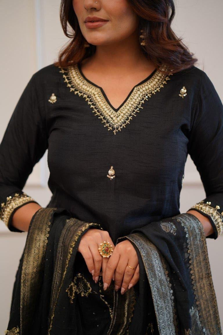 Roman Silk Fabric Designer Festive Wear Kurti Pant And Dupatta IN Black Color