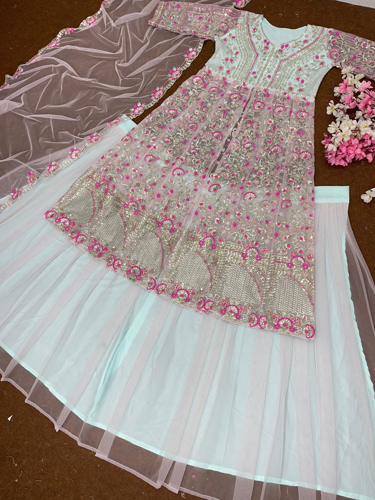 White Color Beautiful Anarkali Lehenga Choli in Net Fabric